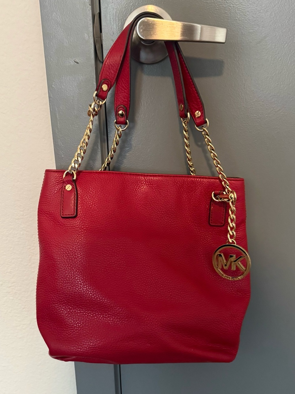 Michael Kors Red Pebbled Leather Tote with Gold Hardware